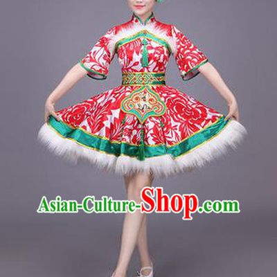 Traditional Chinese Yangge Fan Dancing Costume, Folk Dance Yangko Uniform Drum Dance Red Paper-cut Dress for Women