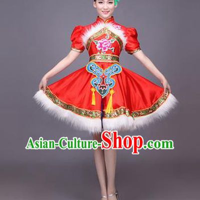 Traditional Chinese Yangge Fan Dancing Costume, Folk Dance Yangko Uniform Drum Dance Red Dress for Women