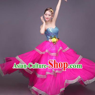 Traditional Chinese Modern Dance Compere Performance Costume, China Opening Dance Chorus Big Swing Full Dress, Classical Dance Layered Dress for Women