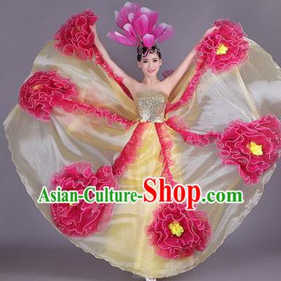 Traditional Chinese Modern Dance Compere Performance Costume, China Opening Dance Chorus Big Swing Flowers Full Dress, Classical Dance Yellow Dress for Women