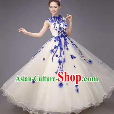 Traditional Chinese Modern Dance Compere Performance Costume, China Opening Dance Chorus Big Swing Full Dress, Classical Dance Blue Plum Blossom Dress for Women