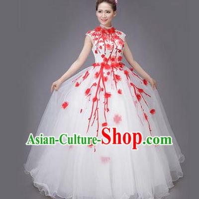 Traditional Chinese Modern Dance Compere Performance Costume, China Opening Dance Chorus Big Swing Full Dress, Classical Dance Red Plum Blossom Dress for Women