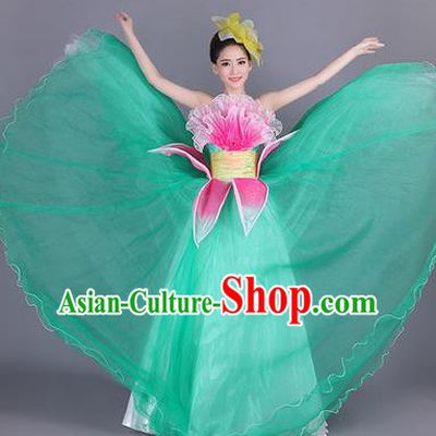 Traditional Chinese Modern Dance Compere Performance Costume, China Opening Dance Chorus Big Swing Full Dress, Classical Lotus Dance Green Dress for Women