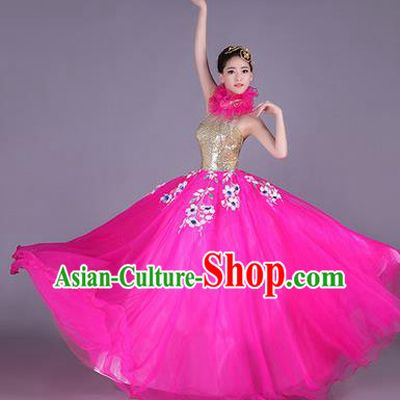 Traditional Chinese Modern Dance Performance Costume, China Opening Dance Clothing, Classical Dance Pink Bubble Dress for Women