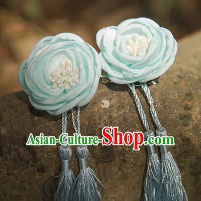 Traditional Chinese Ancient Wedding Hair Accessories, China Hanfu Blue Flowers Tassel Hairpins for Women