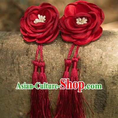 Traditional Chinese Ancient Wedding Hair Accessories, China Hanfu Red Flowers Tassel Hairpins for Women