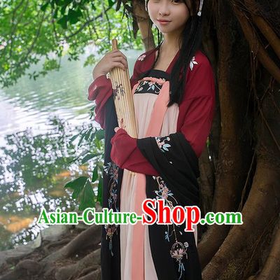 Traditional Chinese Tang Dynasty Palace Princess Embroidered Flowers Hanfu Black Wide Wearing Silks for Women