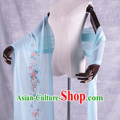 Traditional Chinese Tang Dynasty Palace Princess Embroidered Flowers Hanfu Blue Wide Wearing Silks for Women