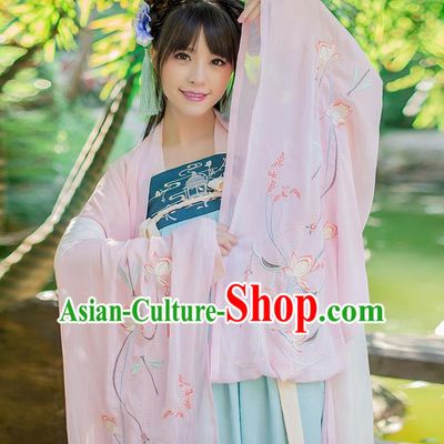 Traditional Chinese Tang Dynasty Palace Princess Costume, Elegant Hanfu Clothing Embroidered Chiffon Pink Wide Sleeve Cardigan, Chinese Ancient Princess Clothing for Women