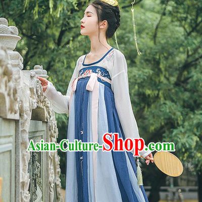 Traditional Chinese Tang Dynasty Palace Princess Costume, Elegant Hanfu Clothing Embroidered Blue Dress, Chinese Ancient Princess Clothing for Women