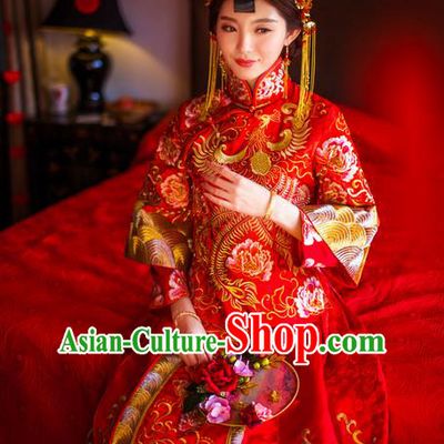 Traditional Chinese Wedding Costume Xiuhe Suits Wedding Bride Red Dress, Ancient Chinese Toast Dress Embroidered Dragon and Phoenix Clothing Longfeng Flown for Women