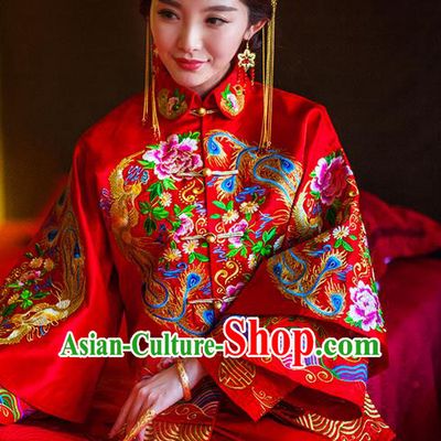 Traditional Chinese Wedding Costume Xiuhe Suits Wedding Red Suit, Ancient Chinese Bride Toast Dress Hand Embroidered Peony Phoenix Clothing Longfeng Flown for Women