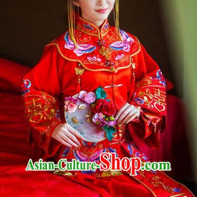 Traditional Chinese Wedding Costume Xiuhe Suits Wedding Red Suit, Ancient Chinese Bride Toast Dress Hand Embroidered Butterfly Flowers Clothing Longfeng Flown for Women