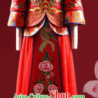 Traditional Chinese Wedding Costume XiuHe Suit Clothing Dragon and Phoenix Flown, Ancient Chinese Bride Embroidered Peony Cheongsam Dress for Women