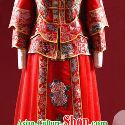 Traditional Chinese Wedding Costume XiuHe Suit Clothing Dragon and Phoenix Flown Bottom Drawer, Ancient Chinese Bride Embroidered Peony Cheongsam Dress for Women