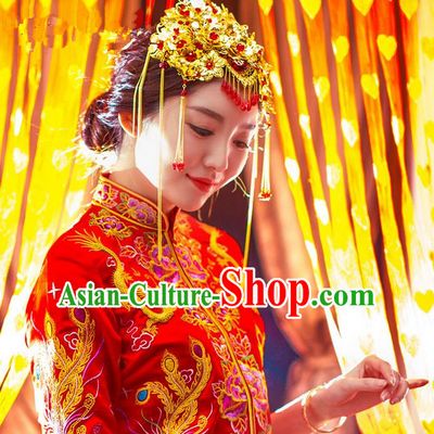 Traditional Chinese Wedding Xiuhe Suit Hair Accessories, Cnina Style Phoenix Coronet, Ancient Chinese Bride Tassel Hairpins for Women
