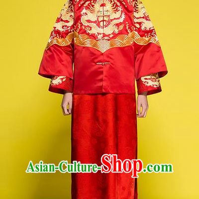 Traditional Chinese Wedding Costume Tang Suits Wedding Red Clothing, Ancient Chinese Bridegroom Toast Embroidered Dragon Long Robes for Men