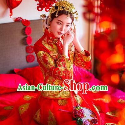 Traditional Chinese Wedding Xiuhe Suit Hair Accessories, Cnina Style Phoenix Coronet Step Shake, Ancient Chinese Bride Tassel Hairpins for Women