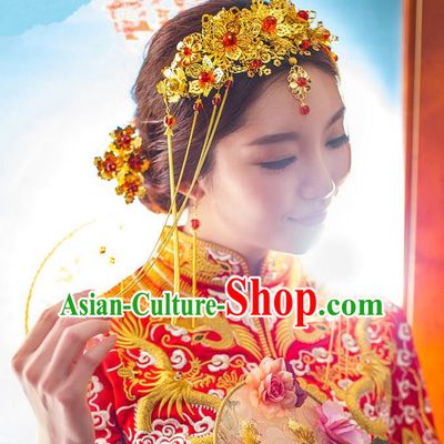 Traditional Chinese Wedding Xiuhe Suit Hair Accessories Hair Comb, Cnina Style Phoenix Coronet Tassel Step Shake, Ancient Chinese Bride Hairpins Head Ornament for Women