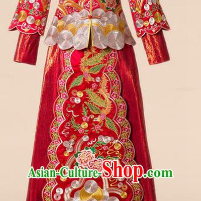 Traditional Chinese Wedding Costume Xiuhe Wedding Clothing Longfeng Flown, Ancient Chinese Bride Toast Hand Embroidered Dragon and Phoenix Cheongsam Full Dress for Women