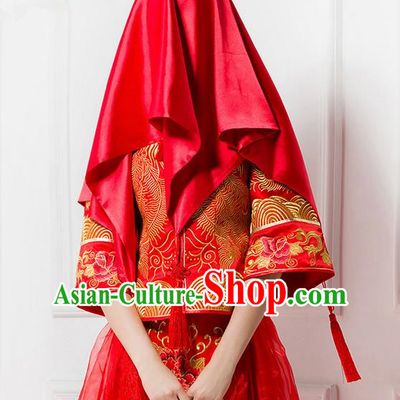 Traditional Chinese Wedding Costume Xiuhe Red Veil, Ancient Chinese Bride Embroidered Chinese Knot Red Head Cover for Women