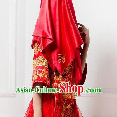 Traditional Chinese Wedding Costume Xiuhe Red Bridal Veil, Ancient Chinese Bride Embroidered Chinese Knot Red Head Cover for Women