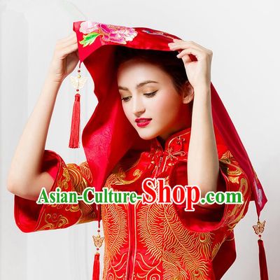 Traditional Chinese Wedding Costume Xiuhe Red Bridal Veil, Ancient Chinese Bride Embroidered Peony Chinese Knot Red Head Cover for Women