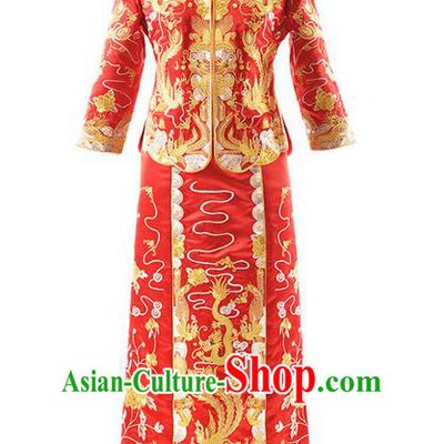 Traditional Chinese Wedding Costume XiuHe Suit Clothing Longfeng Flown Wedding Dress, Ancient Chinese Bride Hand Embroidered Phoenix Cheongsam Dress for Women