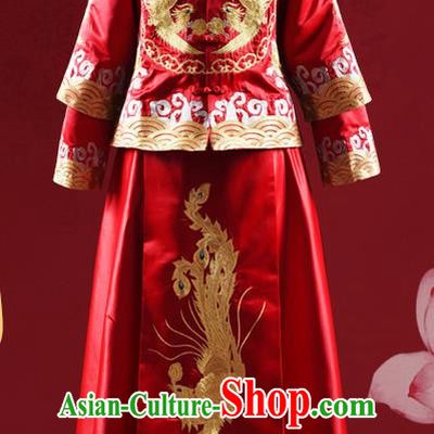Traditional Chinese Wedding Costume XiuHe Suit Clothing Longfeng Flown Wedding Dress, Ancient Chinese Bride Hand Embroidered Phoenix Cheongsam Dress for Women