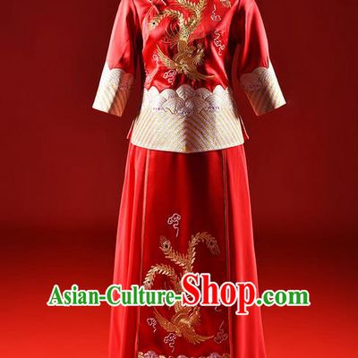 Traditional Chinese Wedding Costume XiuHe Suit Clothing Dragon and Phoenix Wedding Red Full Dress, Ancient Chinese Bride Hand Embroidered Cheongsam Dress for Women