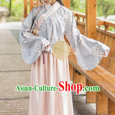 Traditional Chinese Ming Dynasty Young Lady Costume, Elegant Hanfu Clothing Blouse and Skirt, Chinese Ancient Imperial Princess Printing Wintersweet Dress for Women