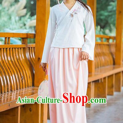 Traditional Chinese Han Dynasty Young Lady Costume, Elegant Hanfu Clothing Embroidered Blouse and Skirt, Chinese Ancient Imperial Princess Linen Slip Dress for Women