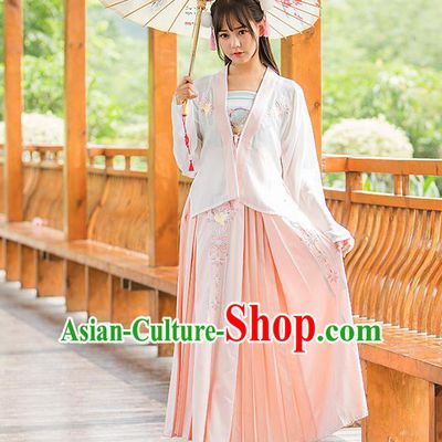 Traditional Chinese Tang Dynasty Young Lady Costume, Elegant Hanfu Clothing Embroidered Boob Tube Top Blouse and Skirt, Chinese Ancient Imperial Princess Dress for Women