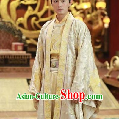 Traditional Ancient Chinese Imperial Emperor Costume and Headwear Complete Set, Elegant Chinese Tang Dynasty King Embroidered Dragon Robe for Men