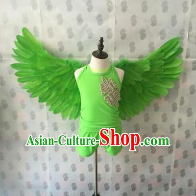 Top Grade Compere Professional Performance Catwalks Swimsuit Costume, Children Feather Formal Dress Modern Dance Fancywork Green Clothing for Boys Kids