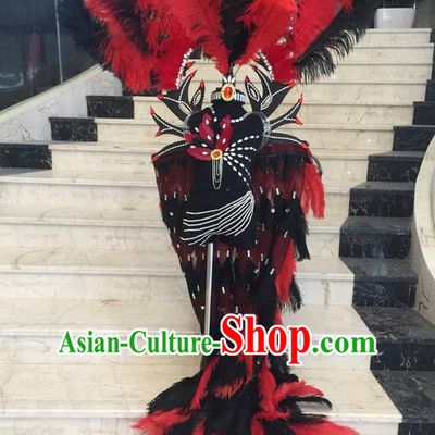Top Grade Compere Professional Performance Catwalks Swimsuit Costume, Children Red Feather Cloak Formal Dress Modern Dance Fancywork Trailing Clothing for Boys Kids