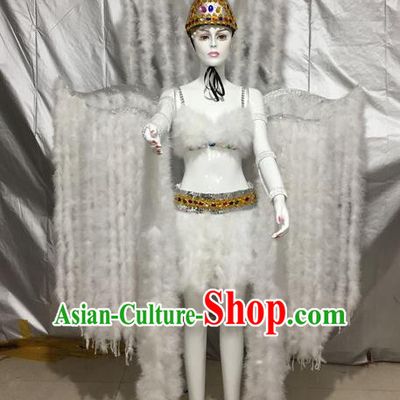 Top Grade Compere Professional Performance Catwalks Swimsuit White Costume, Children Brazilian Samba Dance Feather Formal Dress Modern Dance Fancywork Clothing for Girls Kids