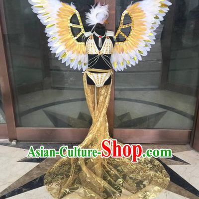 Top Grade Compere Professional Performance Catwalks Costume, Traditional Brazilian Samba Dance Rio Carnival Props Feather Wings Modern Dance Fancywork Swimsuit Clothing for Kids