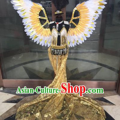 Top Grade Compere Professional Performance Catwalks Costume, Traditional Brazilian Samba Dance Rio Carnival Props Feather Wings Modern Dance Fancywork Swimsuit Clothing for Kids