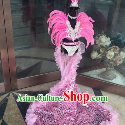 Top Grade Compere Professional Performance Catwalks Costume, Traditional Brazilian Samba Dance Rio Carnival Props Pink Feather Modern Dance Fancywork Trailing Swimsuit Clothing for Kids