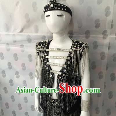 Top Grade Compere Professional Performance Catwalks Costume, Traditional Brazilian Samba Dance Rio Carnival Props Modern Dance Fancywork Tassel Swimsuit Clothing for Kids