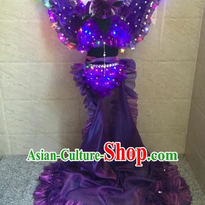 Top Grade Compere Professional Performance Catwalks Costume, Traditional Brazilian Rio Carnival Modern Dance Fancywork Purple Feather Wings Swimsuit Led Clothing for Kids