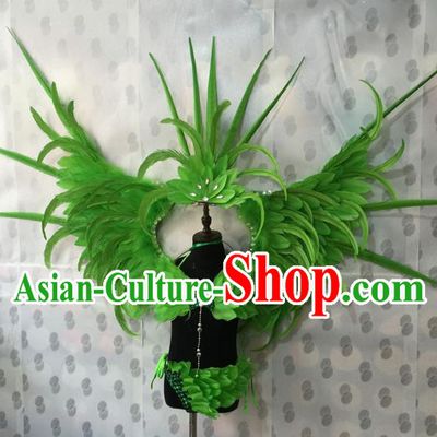 Top Grade Compere Professional Performance Catwalks Costume, Traditional Brazilian Rio Carnival Dance Fancywork Green Feather Wings Swimsuit Clothing for Kids