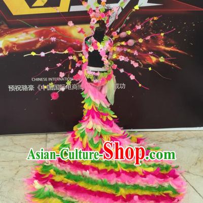 Top Grade Compere Professional Performance Catwalks Costume, Traditional Brazilian Rio Carnival Dance Fancywork Green Feather Wings Swimsuit Trailing Clothing for Kids