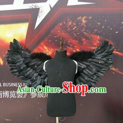 Top Grade Compere Professional Performance Catwalks Halloween Black Feather Wings, Traditional Brazilian Rio Carnival Dance Fancywork Clothing for Kids