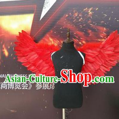 Top Grade Compere Professional Performance Catwalks Halloween Red Feather Wings, Traditional Brazilian Rio Carnival Dance Fancywork Clothing for Kids