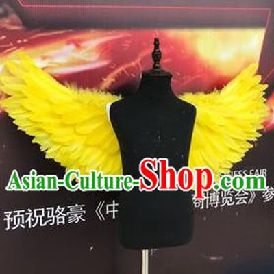 Top Grade Compere Professional Performance Catwalks Halloween Yellow Feather Wings, Traditional Brazilian Rio Carnival Dance Fancywork Clothing for Kids