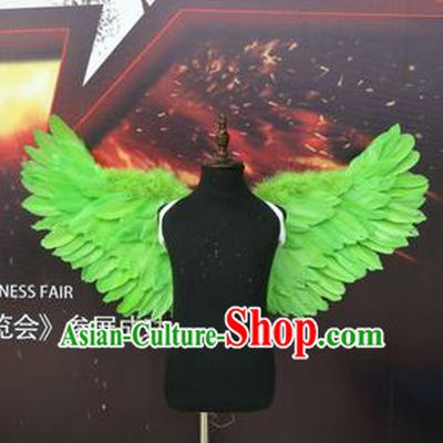 Top Grade Compere Professional Performance Catwalks Halloween Green Feather Wings, Traditional Brazilian Rio Carnival Dance Fancywork Clothing for Kids