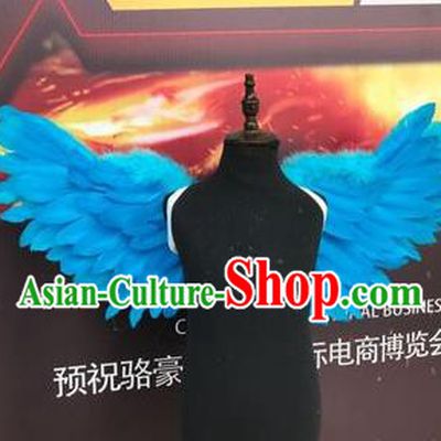 Top Grade Compere Professional Performance Catwalks Halloween Blue Feather Wings, Traditional Brazilian Rio Carnival Dance Fancywork Clothing for Kids