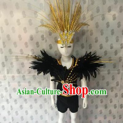 Top Grade Compere Professional Performance Catwalks Costumes, Traditional Brazilian Rio Carnival Dance Feather Dress Fancywork Swimsuit Bikini Clothing for Kids
